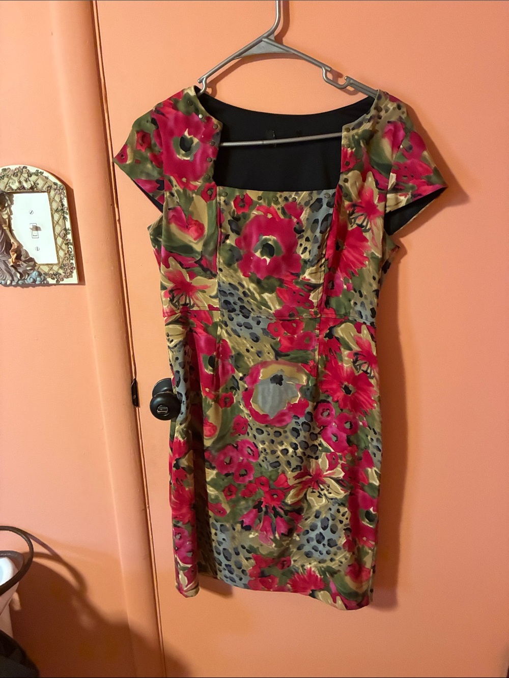 Floral Sheath Dress with Square Neck - Pink & Green